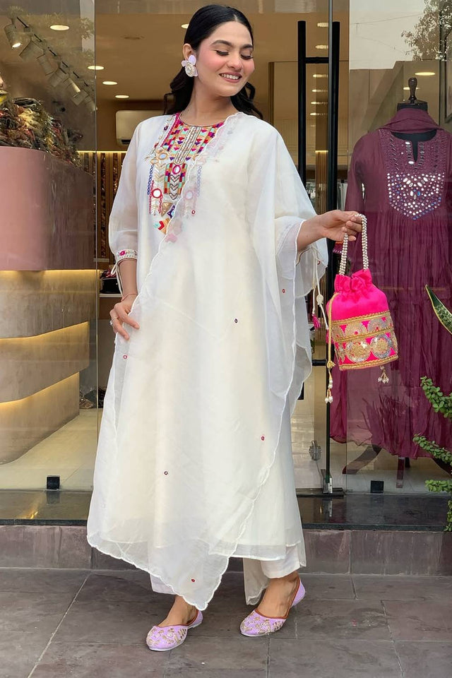 White Embroidered Chanderi Kurti Pant Set (NYS-151272-White)