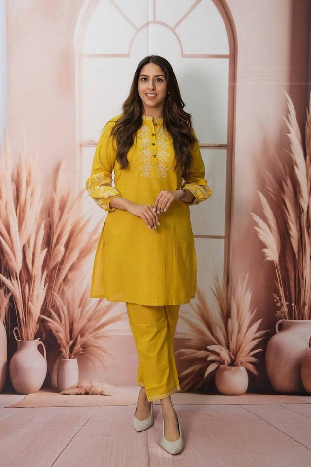 Yellow Floral Embroidered Cotton Kurti Pant Set (NYS-151289-Yellow)