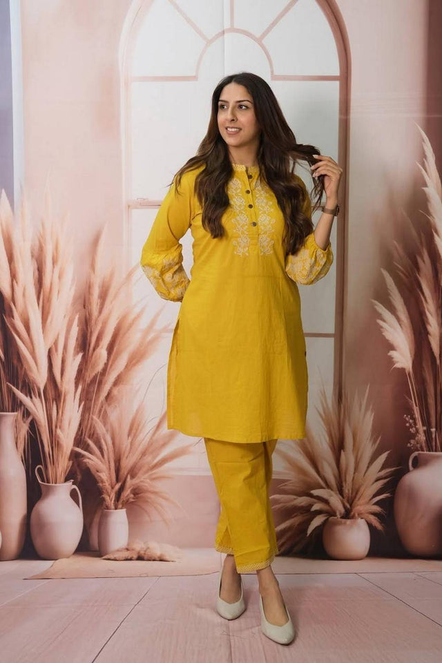 Yellow Floral Embroidered Cotton Kurti Pant Set (NYS-151289-Yellow)