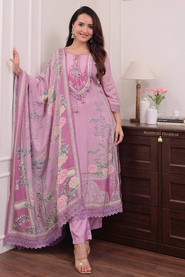 Pink Floral Printed Muslin Kurti Pant Set (NYS-151301-Pink)
