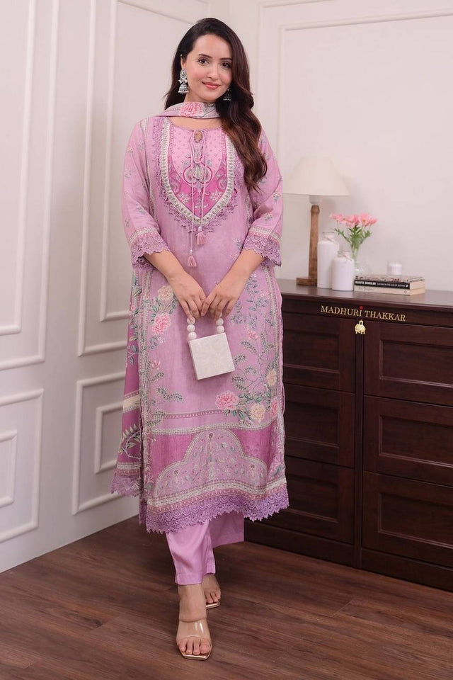 Pink Floral Printed Muslin Kurti Pant Set (NYS-151301-Pink)