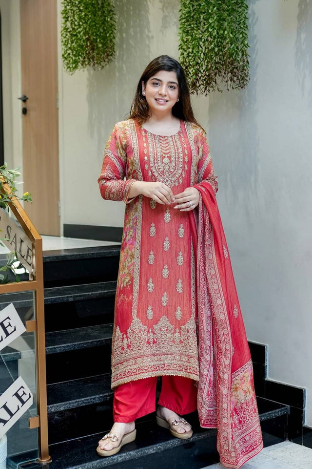 Red Embroidered Chinon Kurti Pant Set (NYS-151302-Red)