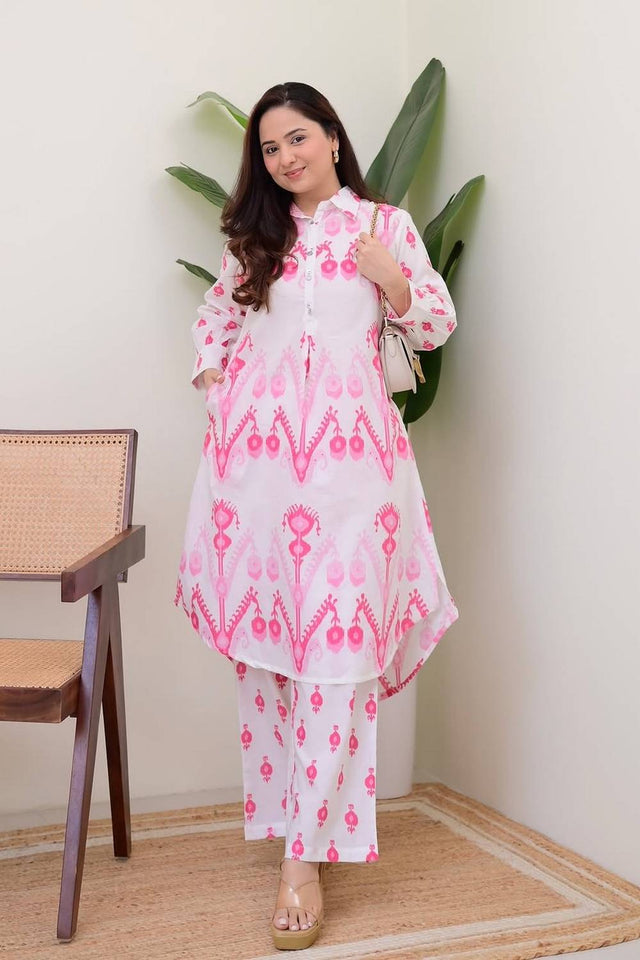 White Printed Cotton Kurti Pant Set (NYS-151307-White Pink)
