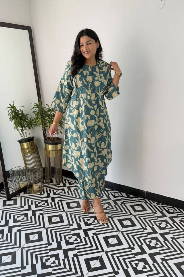 Blue Floral Printed Cotton Kurti Pant Set (NYS-151311-Blue)