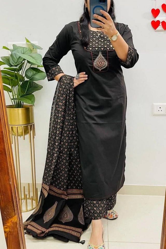 Black Embroidered Cotton Kurti Pant Set (NYS-151317-Black)