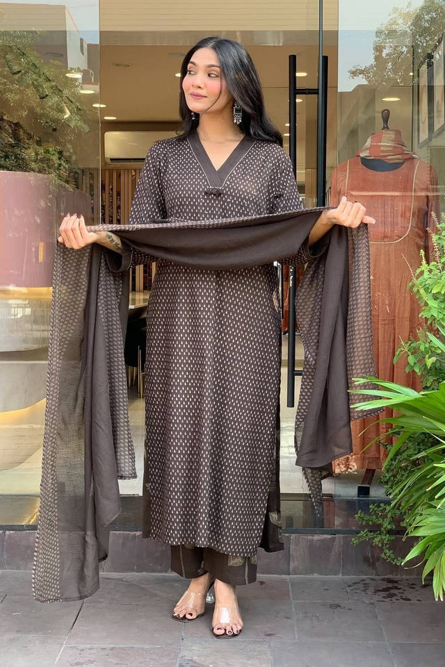 Brown Printed Cotton Kurti Pant Set (NYS-151321-Brown)
