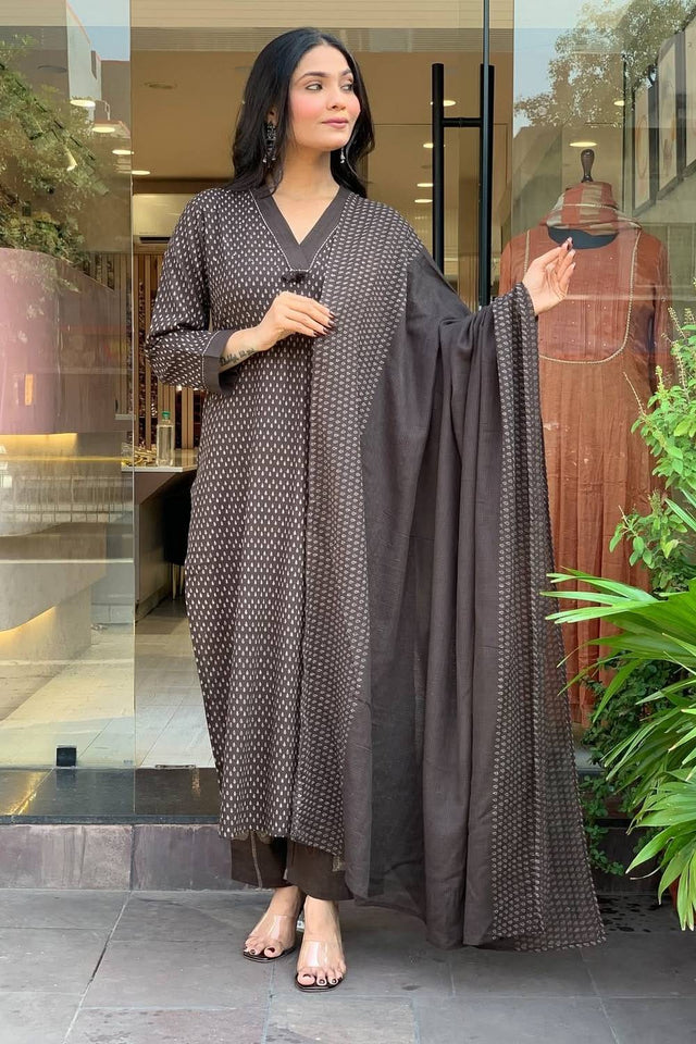 Brown Printed Cotton Kurti Pant Set (NYS-151321-Brown)