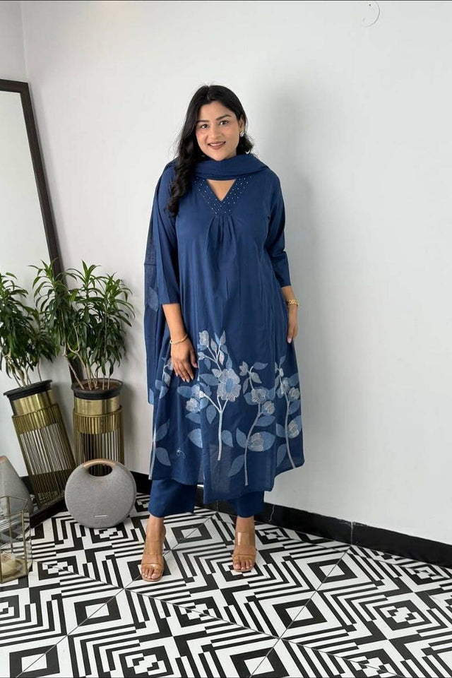 Blue Floral Embroidered Cotton Anarkali Suits (NYS-151329NRI -Blue)