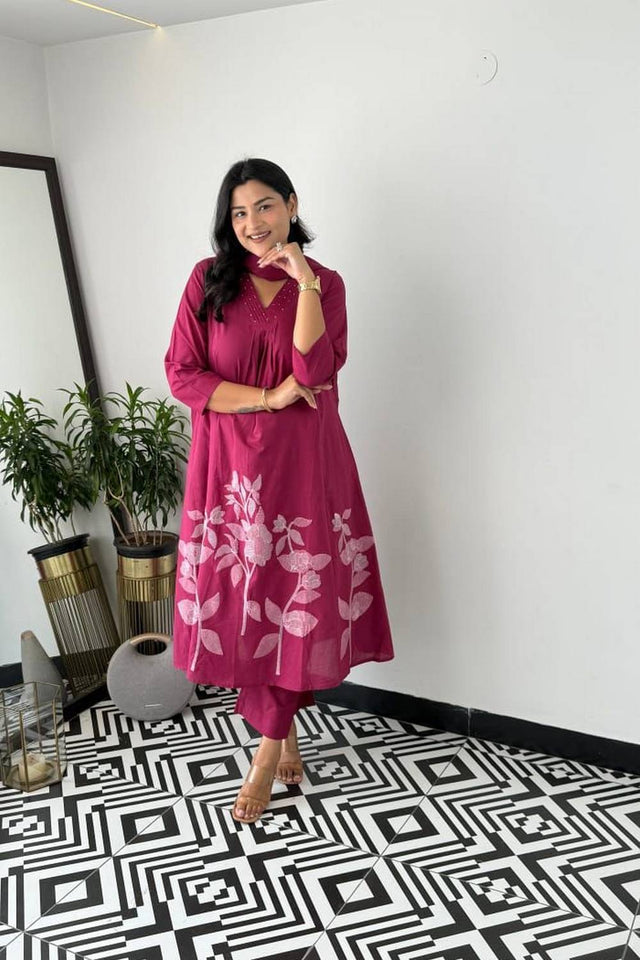 Maroon Floral Embroidered Cotton Anarkali Suits (NYS-151329NRI -Maroon)