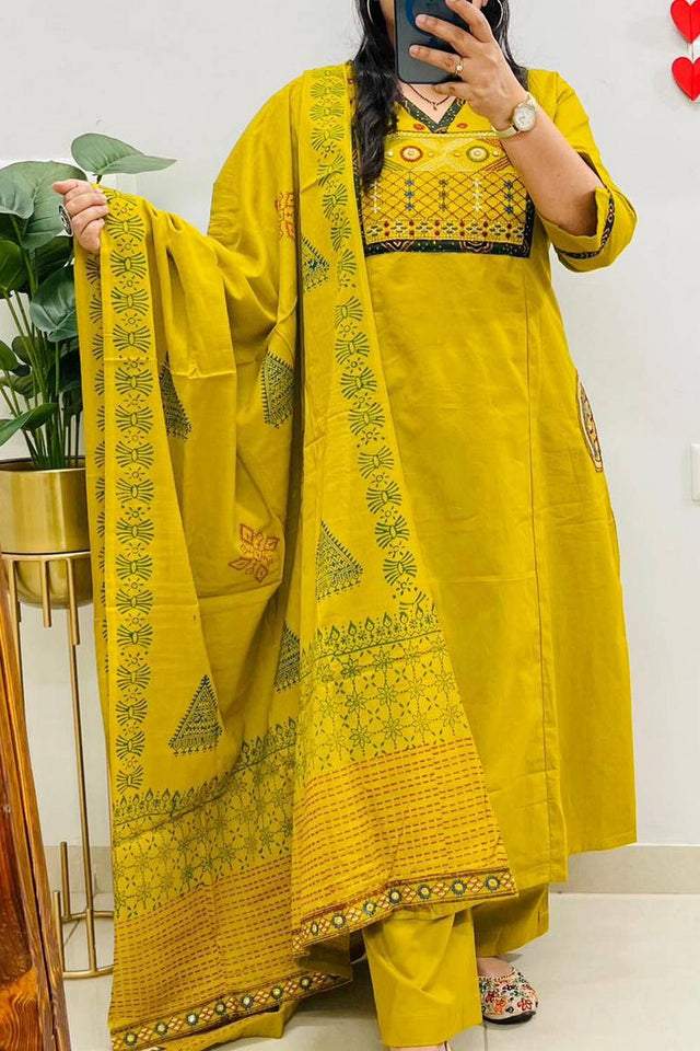 Multi Color Embroidered Cotton Kurti Pant Set (NYS-151336-Yellow)