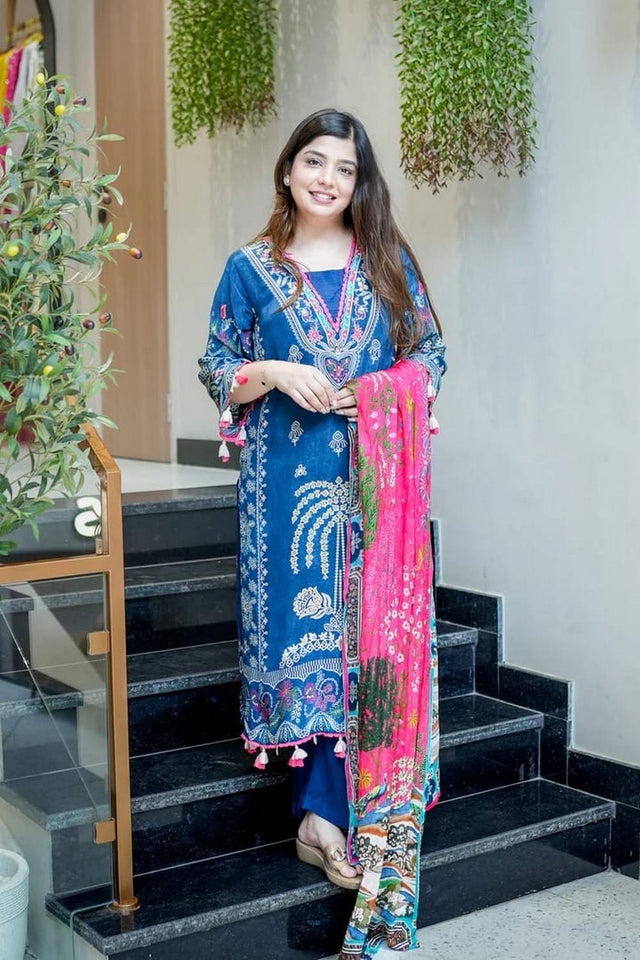 Blue Embroidered Muslin Kurti Pant Set (NYS-151342SAK-Blue)