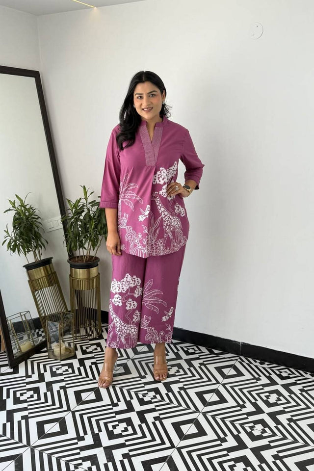 Violet Printed Cotton Kurti Pant Set (NYS-151347JKW-Purple)