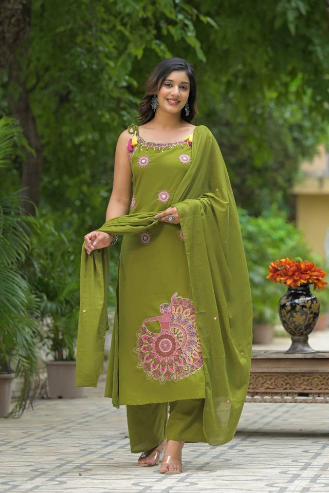 Green Embroidered Cotton Kurti Palazzo Set (NYS-151350JKW-Green)