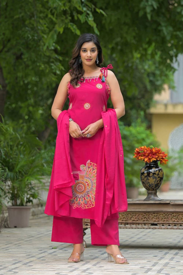 Pink Embroidered Cotton Kurti Palazzo Set (NYS-151350JKW-Pink)