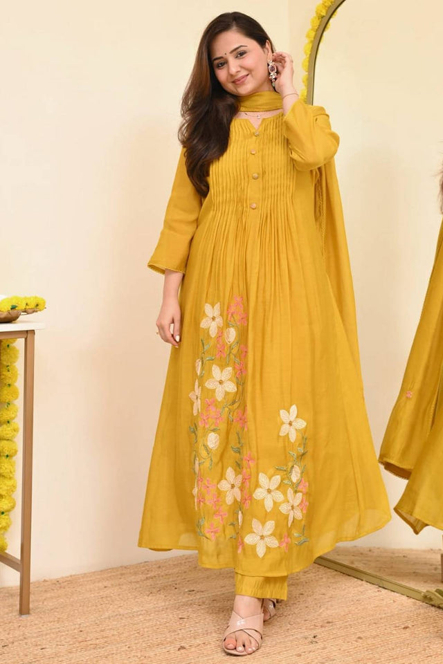 Yellow Floral Embroidered Cotton Anarkali Suits (NYS-151355JKW-Yellow)