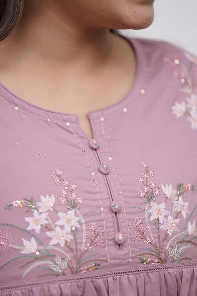 Lavender Floral Embroidered Cotton Anarkali Suits (NYS-151356JKW-Lilac)