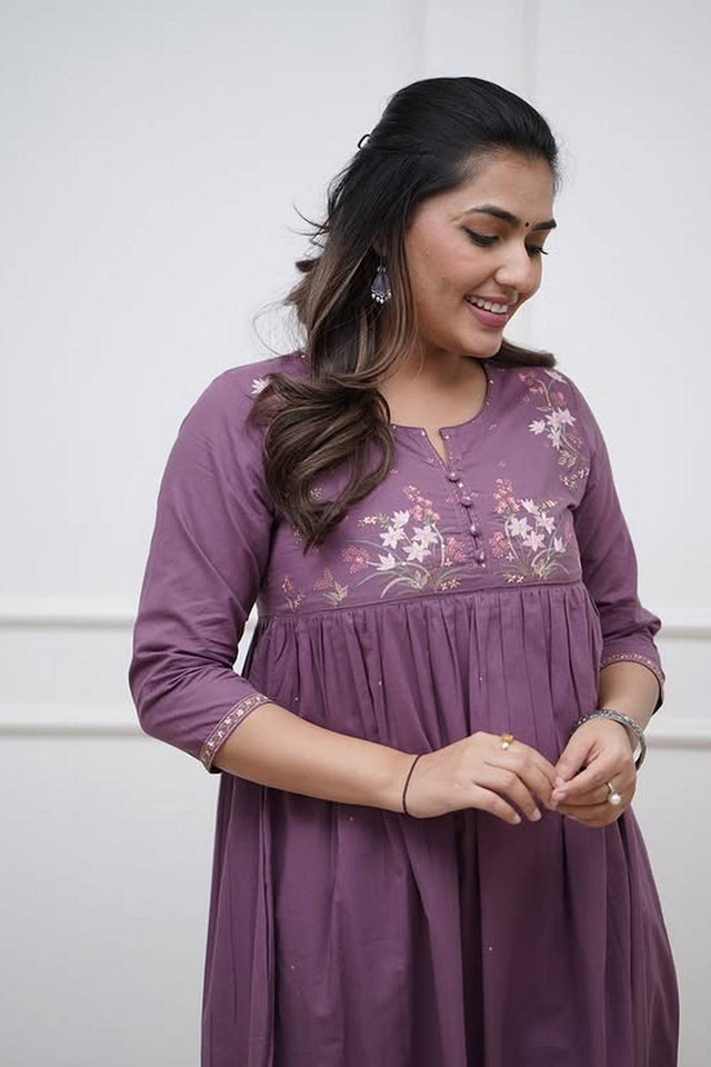 Violet Floral Embroidered Cotton Anarkali Suits (NYS-151356JKW-Purple)