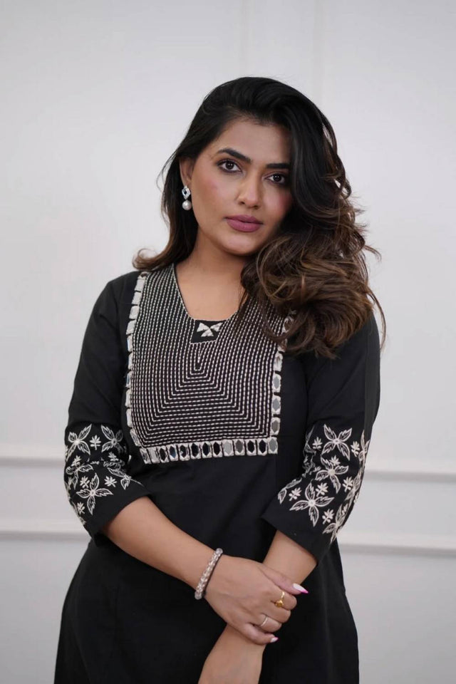 Black Embroidered Cotton Anarkali Suits (NYS-B151335M-Black)
