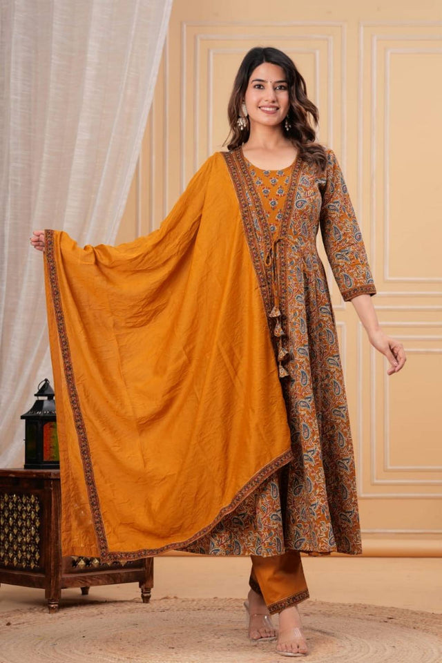 Multi Color Ajrak Printed Cotton Anarkali Suits (NYS-D302010HA-Yellow)