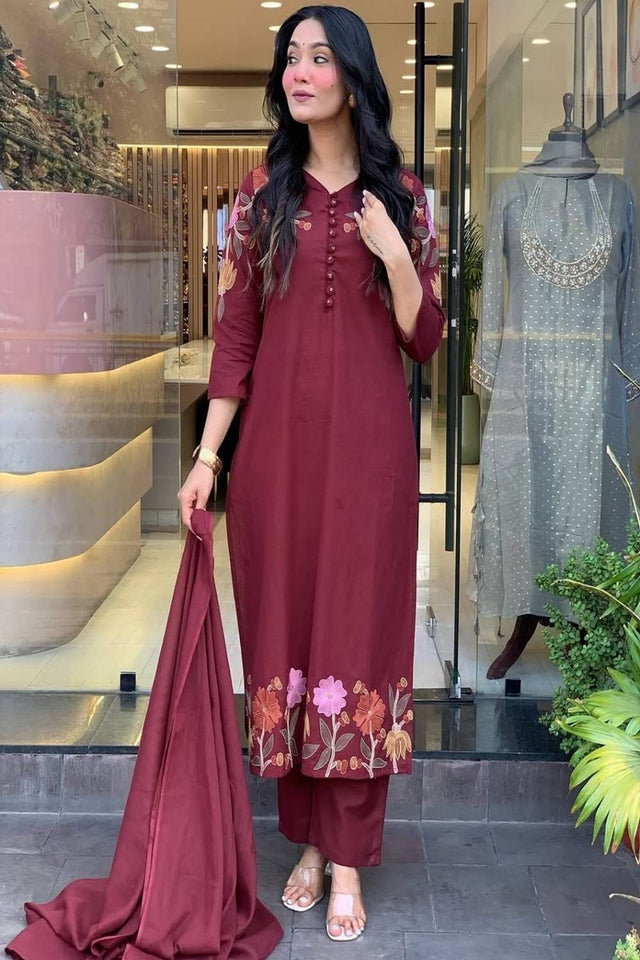 Maroon Floral Embroidered Cotton Kurti Pant Set (NYS-F1241Z-Maroon)