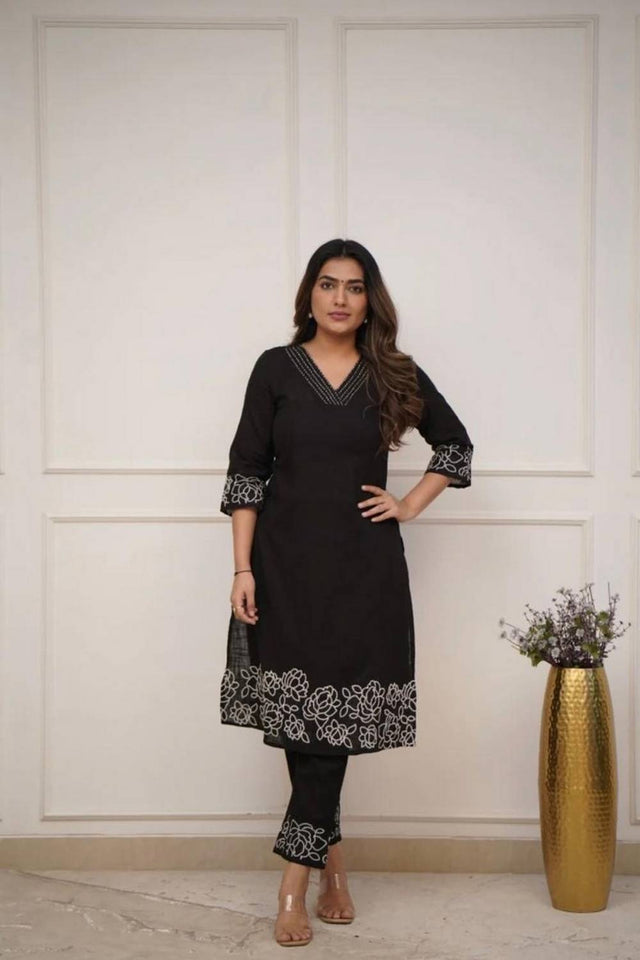 Black Floral Embroidered Cotton Kurti Pant Set (NYS-G2107C-Black)