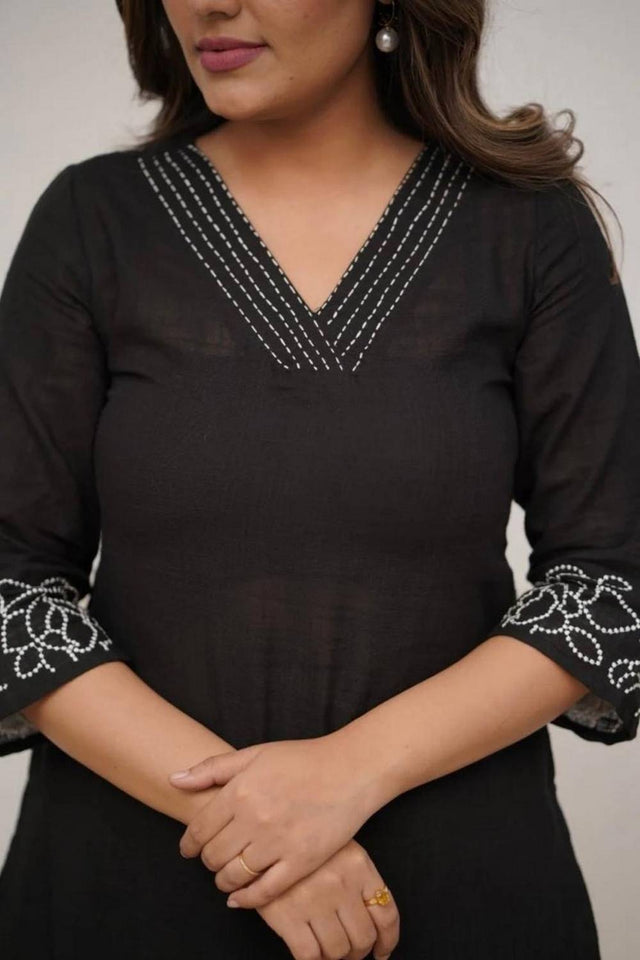 Black Floral Embroidered Cotton Kurti Pant Set (NYS-G2107C-Black)