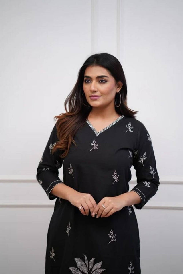 Black Floral Embroidered Cotton Kurti Pant Set (NYS-G2108C-Black)