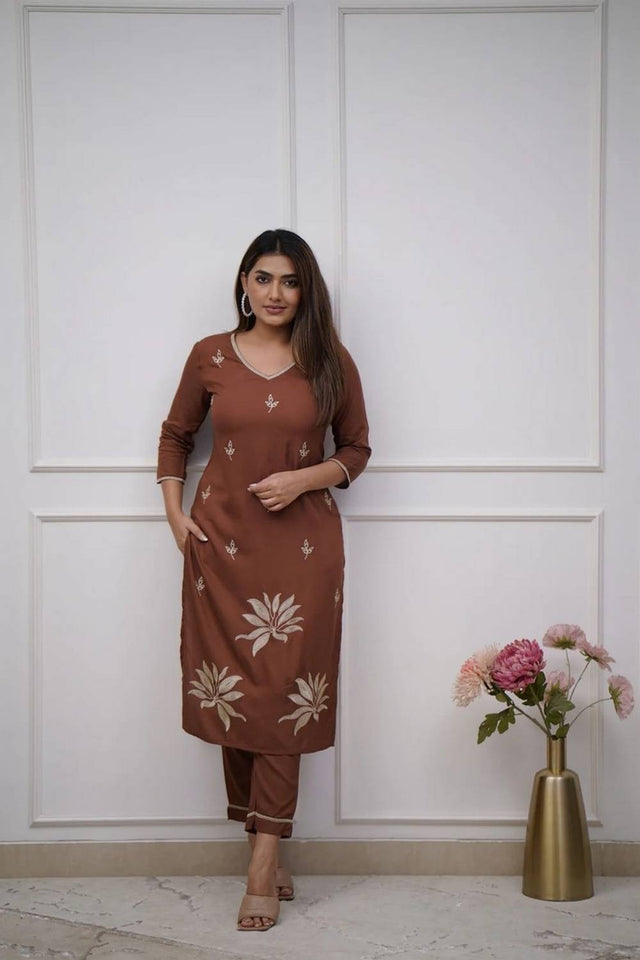Brown Floral Embroidered Cotton Kurti Pant Set (NYS-G2108C-Brown)