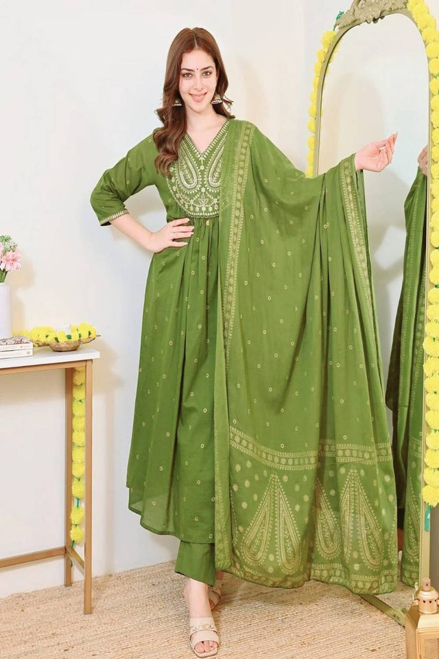 Green Floral Embroidered Cotton Anarkali Suits (NYS-G2109C-Green)
