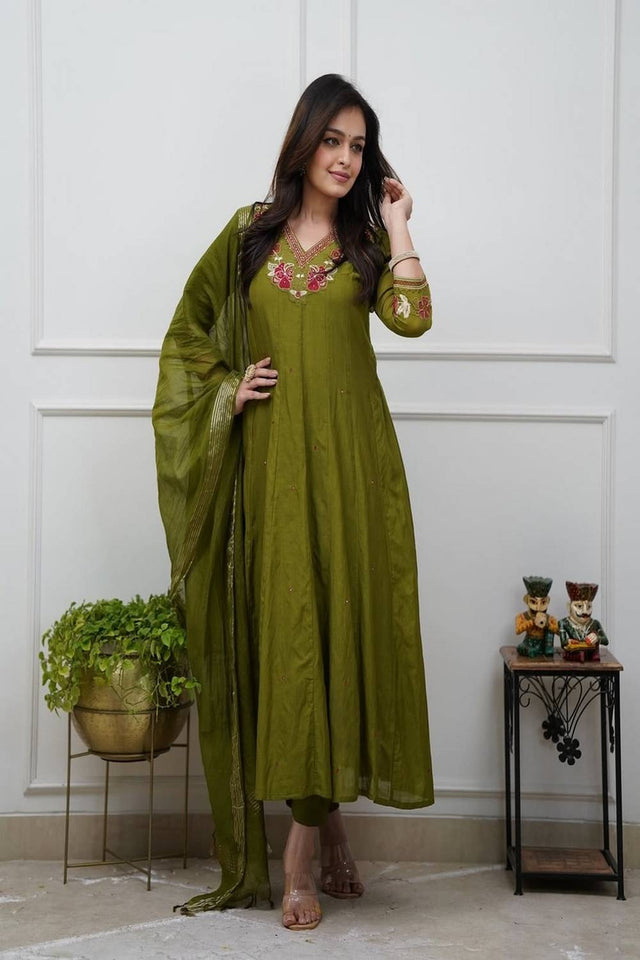 Green Floral Embroidered Cotton Anarkali Suits (NYS-J1217KW-Green)