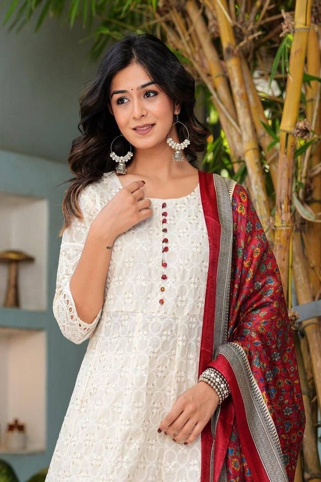 White Embroidered Cotton Kurti Pant Set (NYS-L1264V-WR)