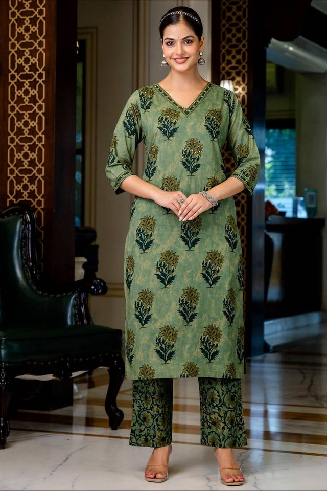 Green Floral Embroidered Cotton Kurti Pant Set (NYS-M301208-Green)