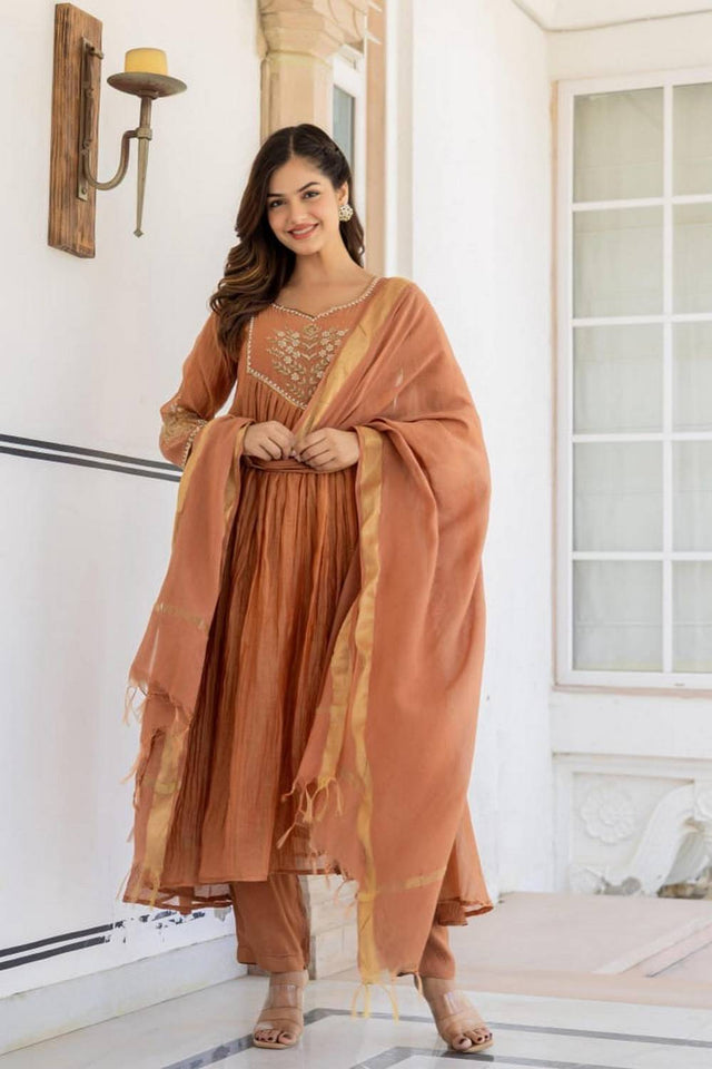 Brown Floral Embroidered Cotton Anarkali Suits (NYS-O151343M-Brown)