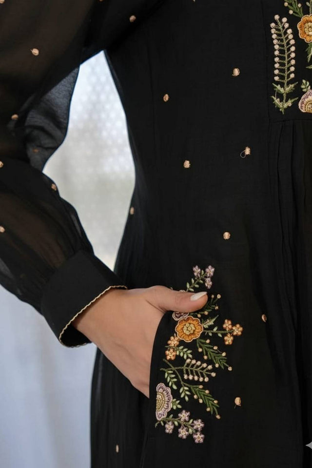 Black Floral Embroidered Cotton Anarkali Suits (NYS-O301203M-Black)