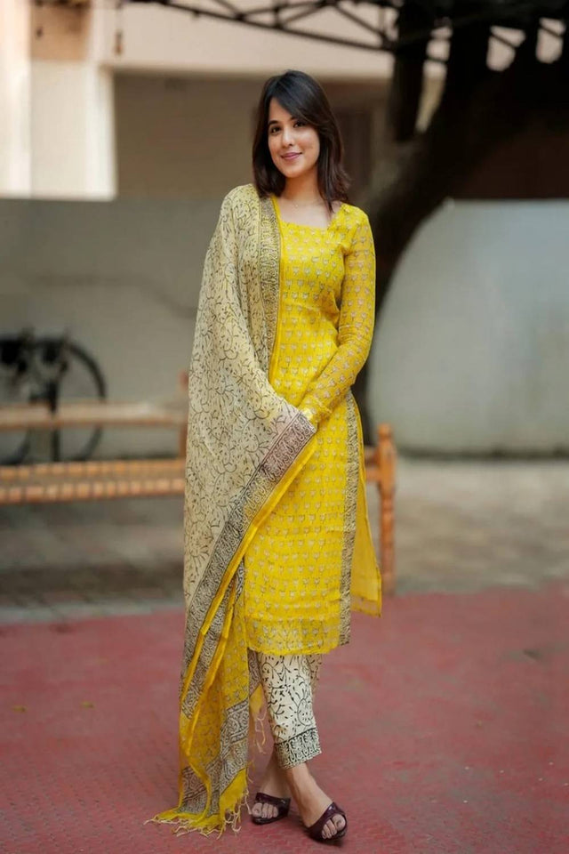 Yellow Embroidered Cotton Kurti Pant Set (NYS-S1259YM-Yellow)