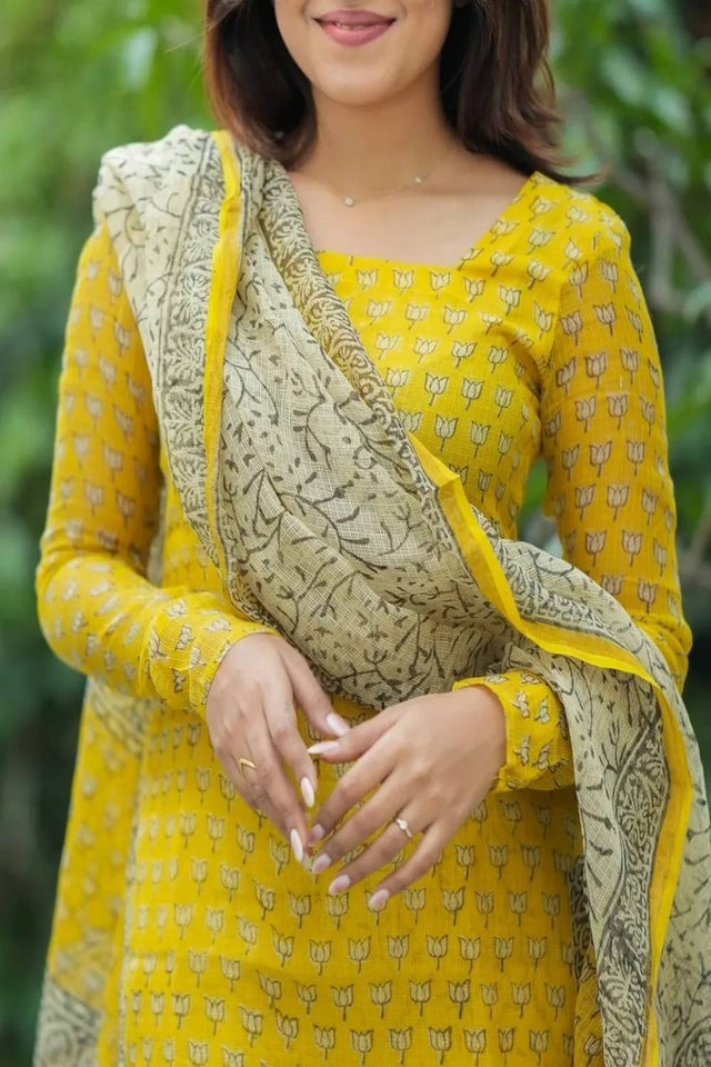 Yellow Embroidered Cotton Kurti Pant Set (NYS-S1259YM-Yellow)