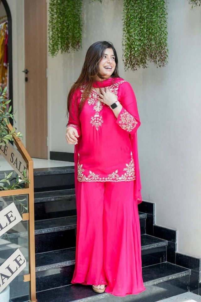 Pink Floral Embroidered Chanderi Sharara Suit Set (NYS-S2104AK-Pink)