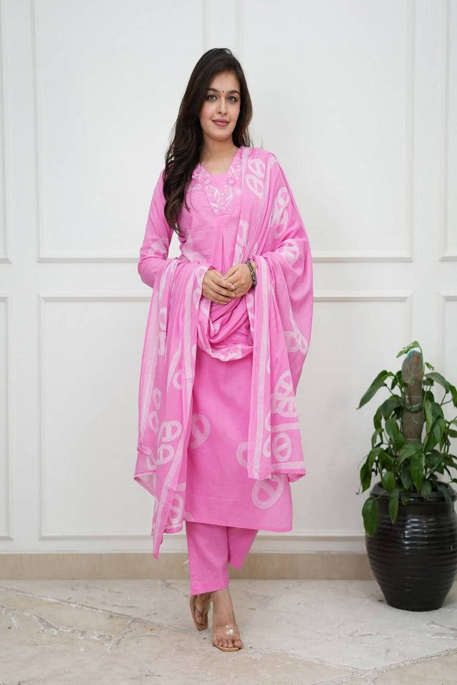 Pink Embroidered Cotton Kurti Pant Set (NYS-VN1227F-Pink)