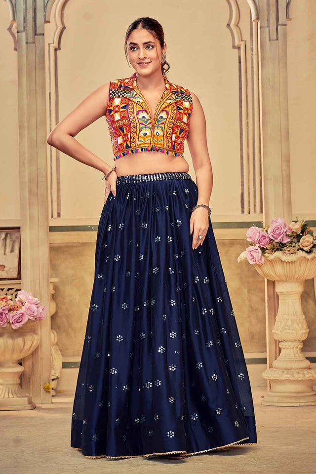Blue Sequin Rangoli Silk Lehenga
