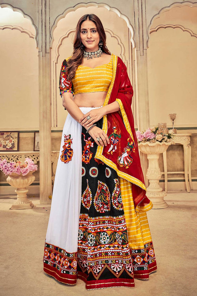 White And Yellow Georgette Embroidered Lehenga Choli with Dupatta