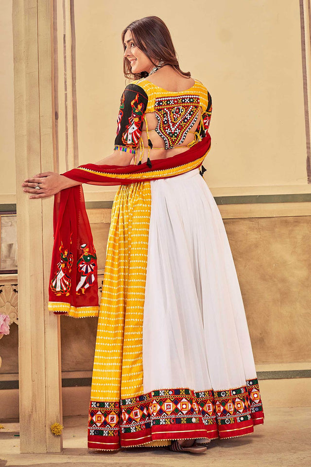 White And Yellow Georgette Embroidered Lehenga Choli with Dupatta