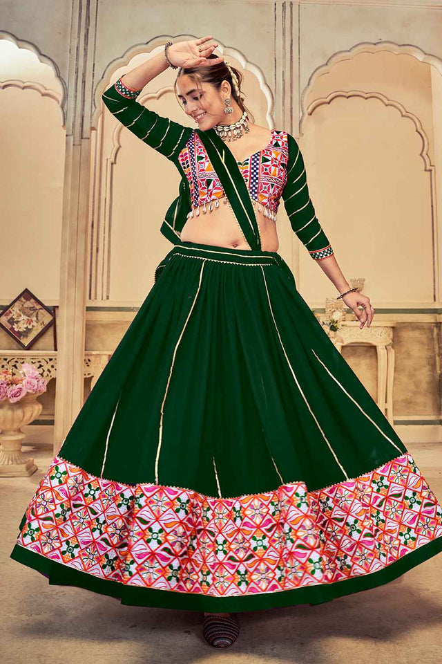 Green Embroidered With Lace Work Georgette Lehenga