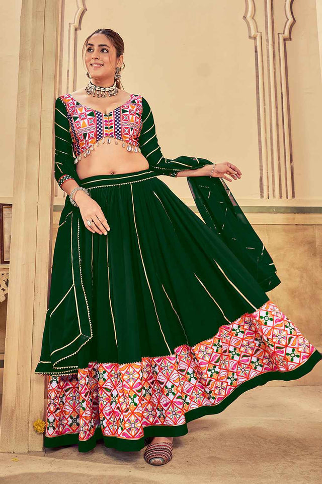 Green Embroidered With Lace Work Georgette Lehenga
