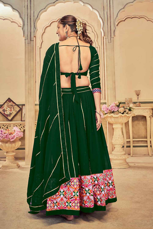 Green Embroidered With Lace Work Georgette Lehenga