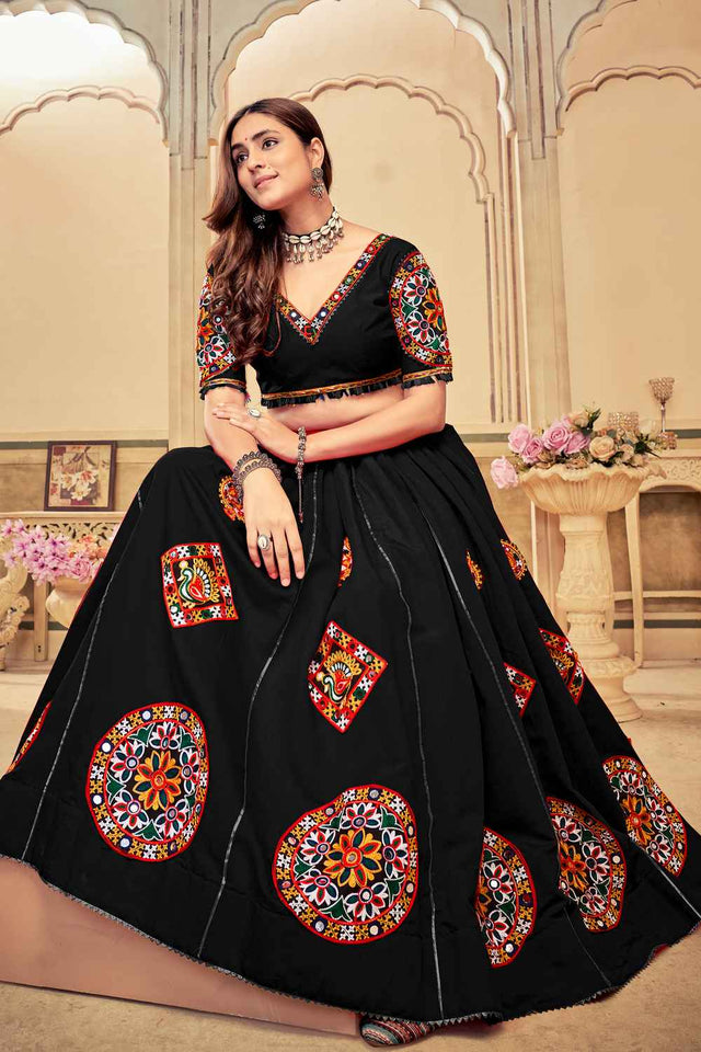Black Embroidered Cotton Lehenga