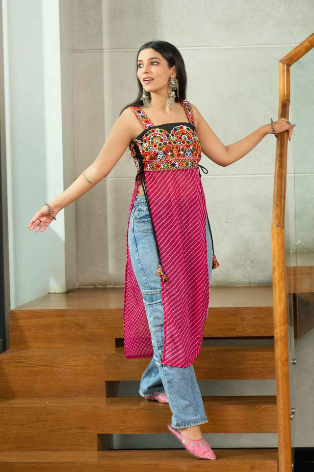 Pink Embroidered Georgette Kurti