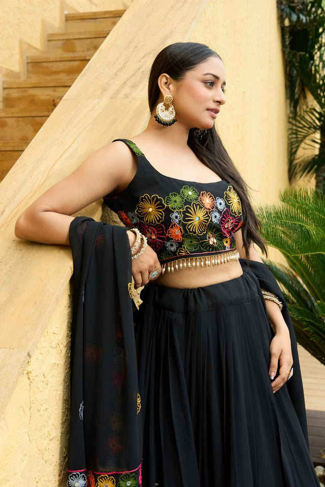 Black Embroidered Georgette Lehenga