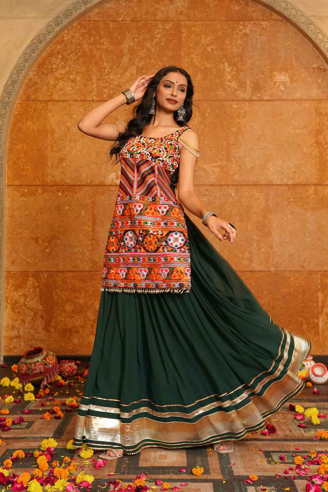 Green Solid Georgette Lehenga