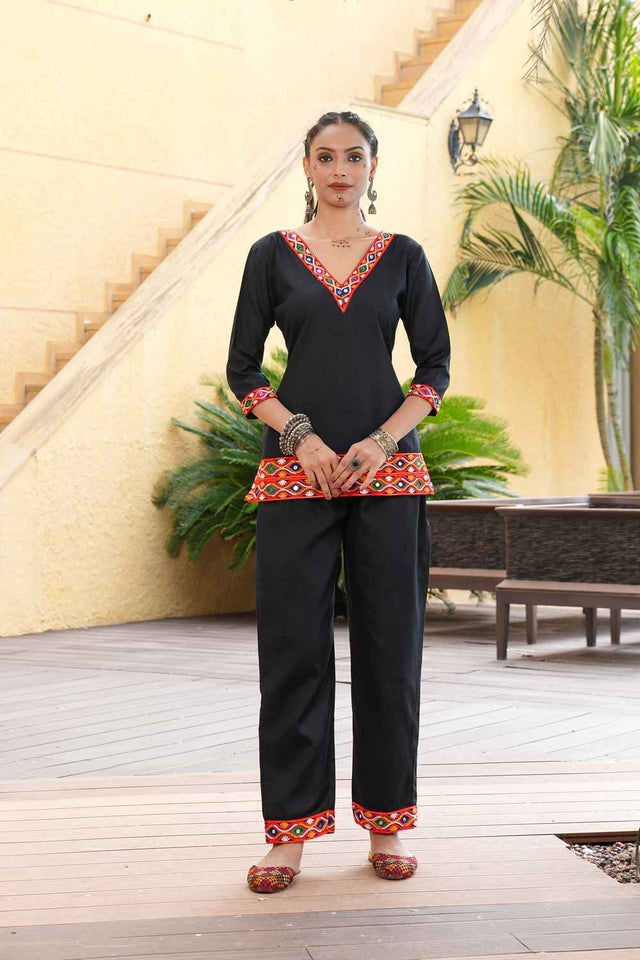 Black Embroidered Cotton Kurti Set