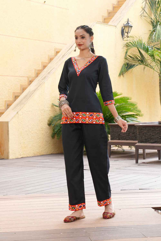 Black Embroidered Cotton Kurti Set